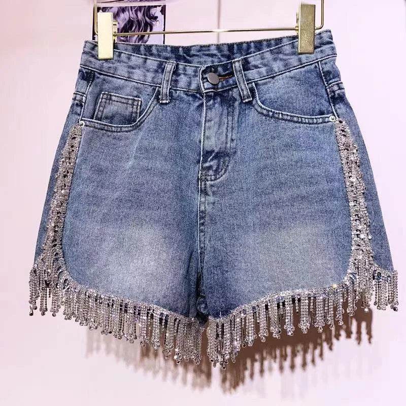 Sexy Rhinestone Fringed Denim Shorts - P12 Hub Europe