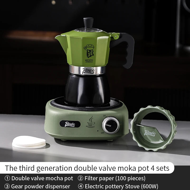 Bincoo Double-valve Moka Pot Set Electric Stove Pot Household Italian Espresso Machine Coffee Mocha Pot Barista Accessories 220V
