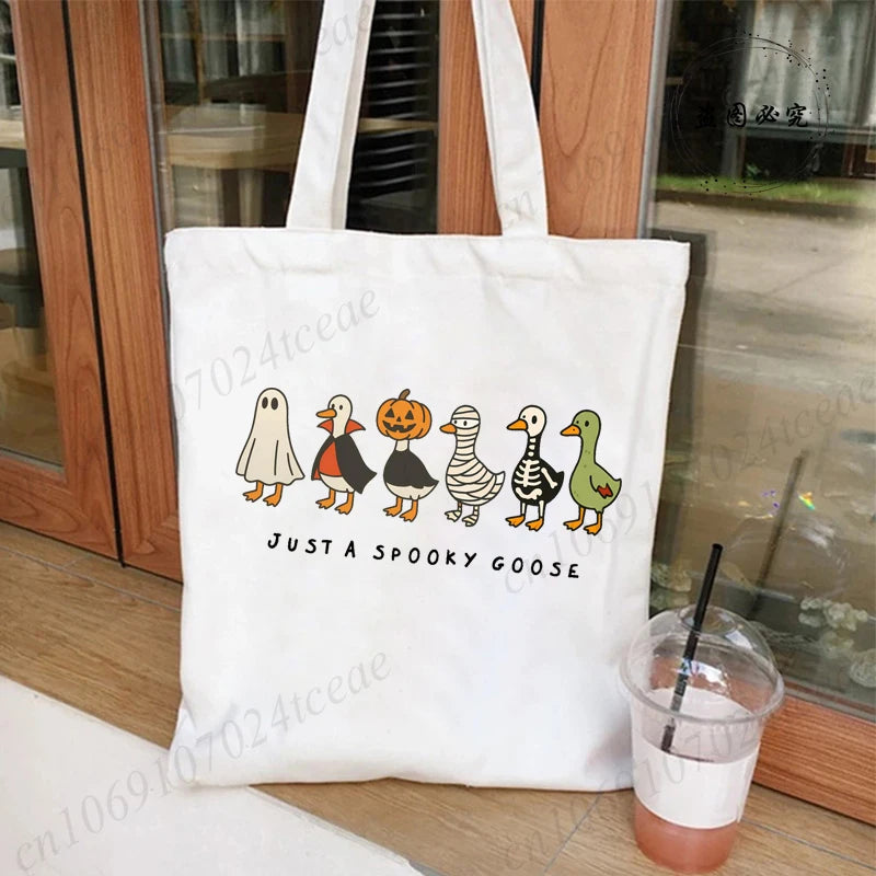 Funny Halloween Goose Wome's Tote Bags Reusable Handbag Shopping Totes Just A Spooky Goose Casual Fashion Shoulder Shopping Bag