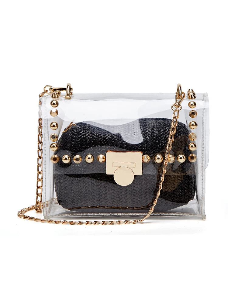 Fashion chain decorative waterproof PVC chain transparent shoulder bag Messenger bag transparent chain bag woven clutch bag
