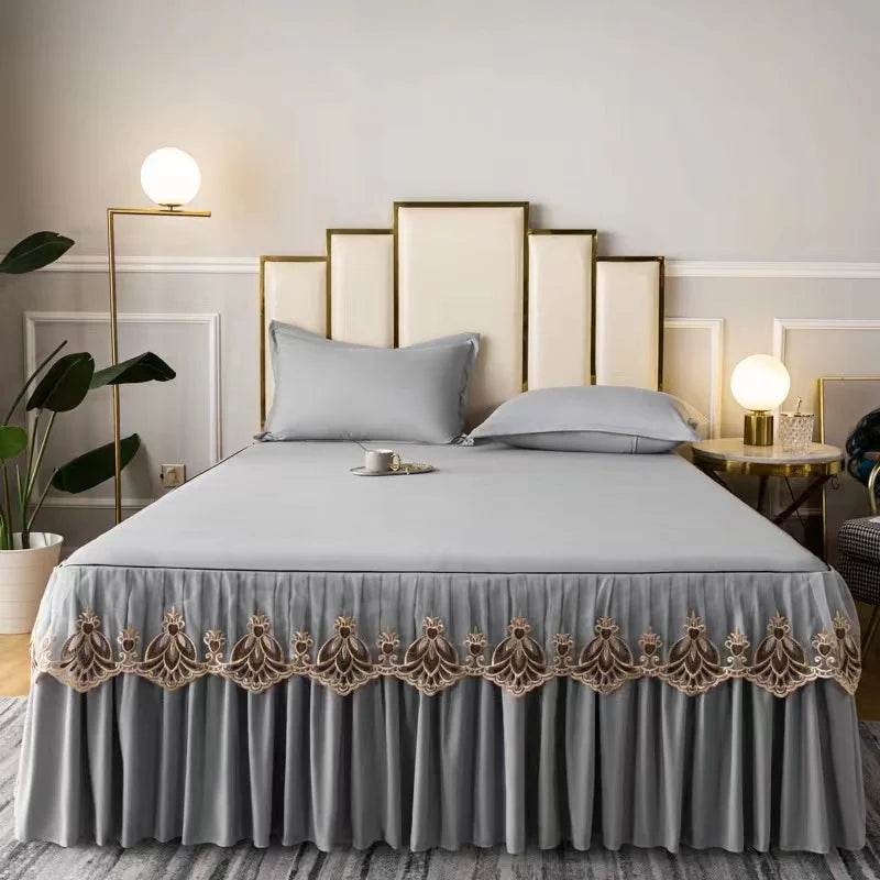3pcs Set Raw Cotton Soft Bedspread Bed Romance Dust Protector Cover Embroidery Lace Edge Bed Skirt with 2pcs Pillowcase - P12 Hub Europe
