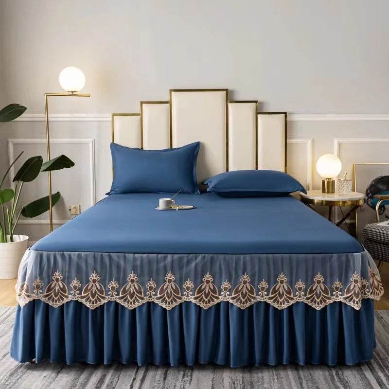 3pcs Set Raw Cotton Soft Bedspread Bed Romance Dust Protector Cover Embroidery Lace Edge Bed Skirt with 2pcs Pillowcase - P12 Hub Europe