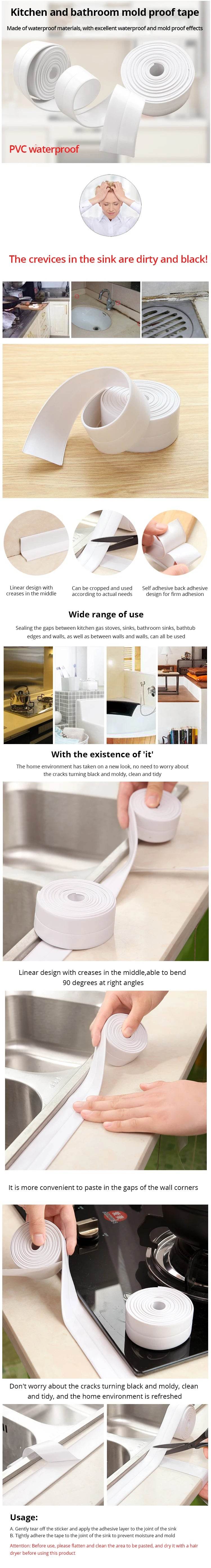 1pc Bathroom Waterproof Wall Stickers Sealing Tapes PVC Adhesive Sealing Strips Sink Edge Tape Kitchen Bathroom Accessories - P12 Hub Europe