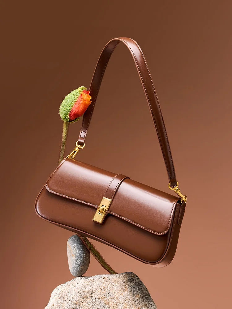 Genuine Leather Women Baguette Shoulder Bag Luxury Cowhide Solid Color Handbag Underarm Bag Fashion Ladies Shopping Bag Gift