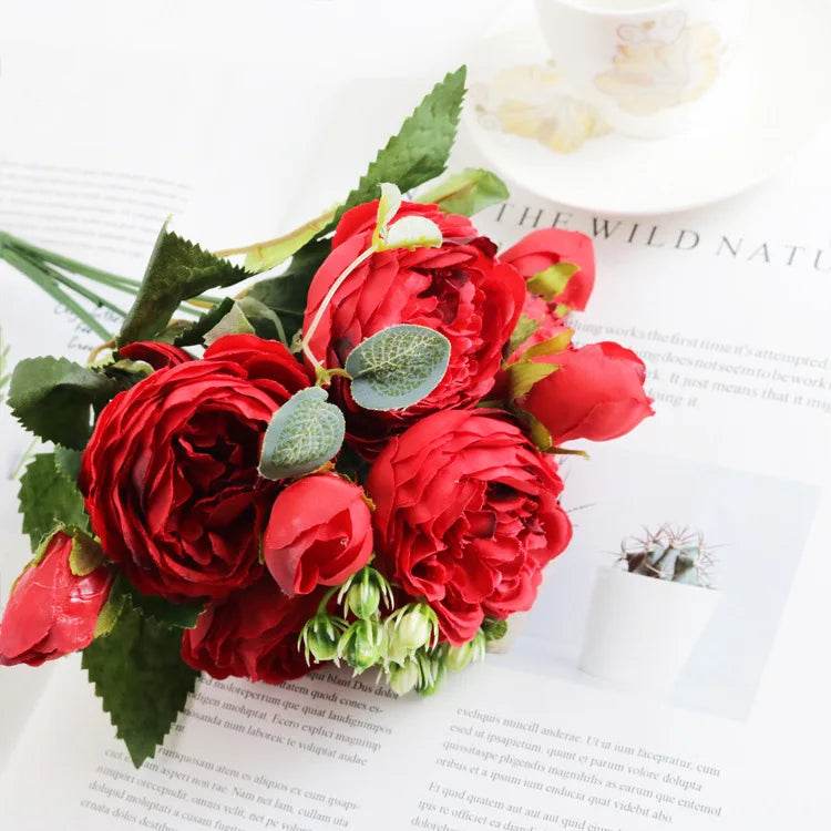 1 Bundle Artificial Roses Flowers Silk Peony Bouquet Home Decoration Accessorie Wedding Party Scrapbook Fake Plants Diy Pompons - P12 Hub Europe