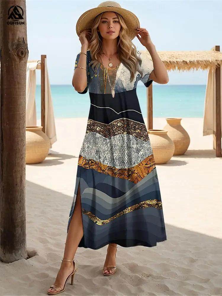 Marble Patchwork Boho Maxi Dress Slit Short Sleeve - P12 Hub Europe