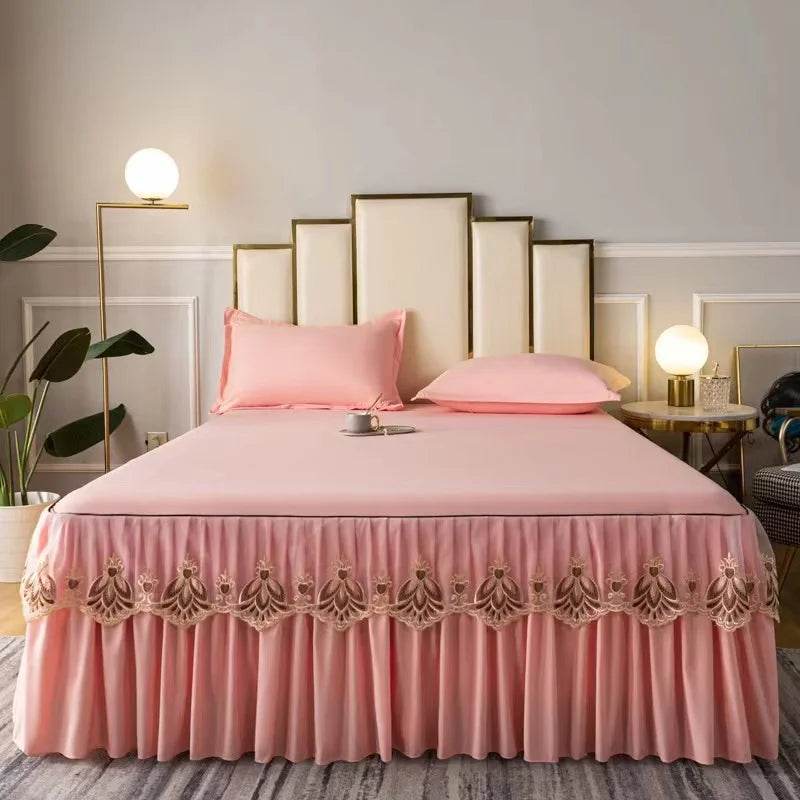 3pcs Set Raw Cotton Soft Bedspread Bed Romance Dust Protector Cover Embroidery Lace Edge Bed Skirt with 2pcs Pillowcase - P12 Hub Europe