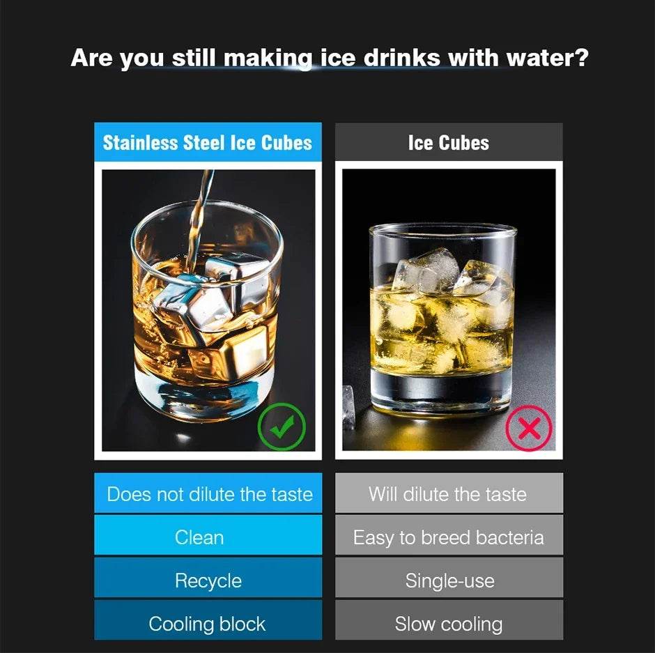 304 Food Stainless Steel Ice Cubes Set Reusable Chilling Stones for Whiskey Wine Cooling Cube Rock with Tongs Kitchen Bar Tools - P12 Hub Europe