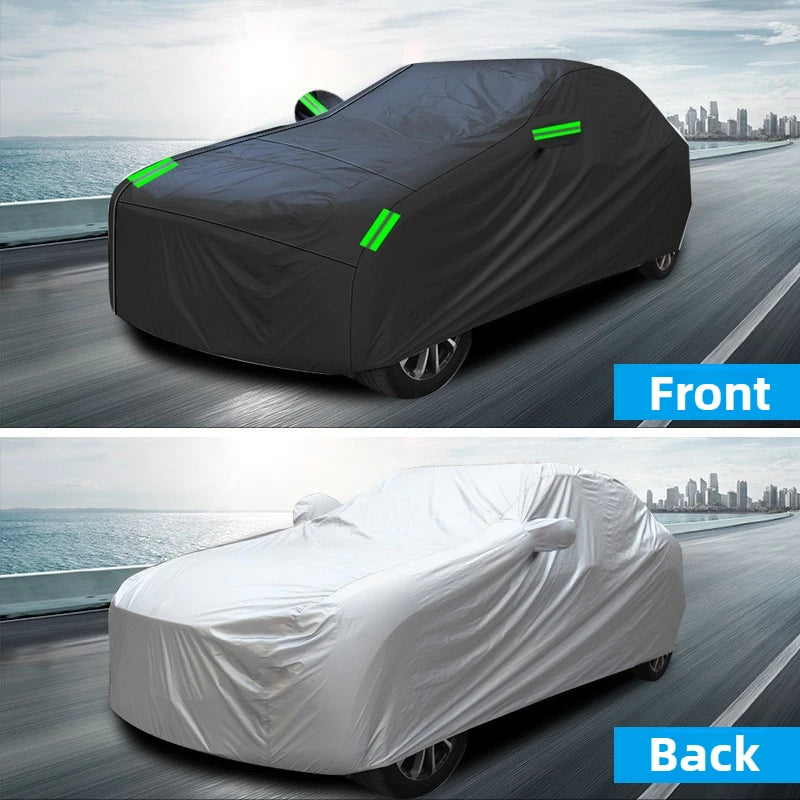 Black Silver Coated Rainproof Sunscreen Reflective Strip Outdoor Sunshade Dust Proof Protection Hatchback Sedan SUV Car Cover