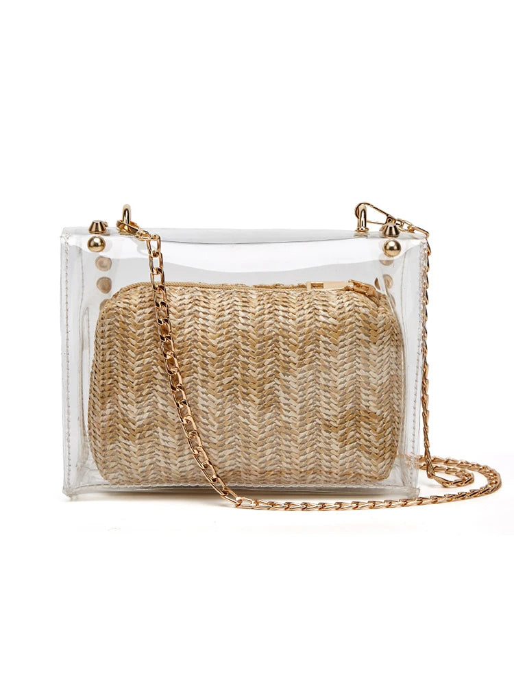 Fashion chain decorative waterproof PVC chain transparent shoulder bag Messenger bag transparent chain bag woven clutch bag