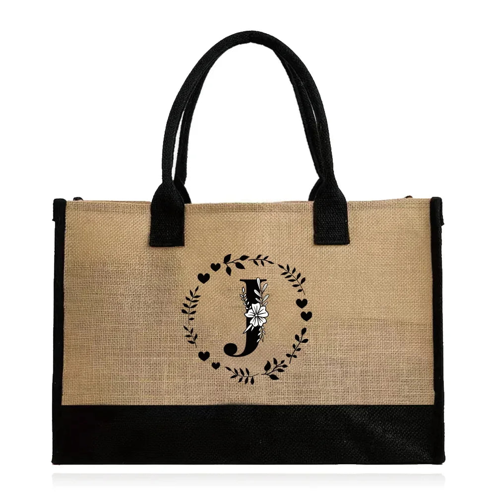Shopping Bag Burlap Tote Bag Jute Bags Lightweight Handbag Portable LargeCapacity Women Grocery Organizer Garland Letter Pattern