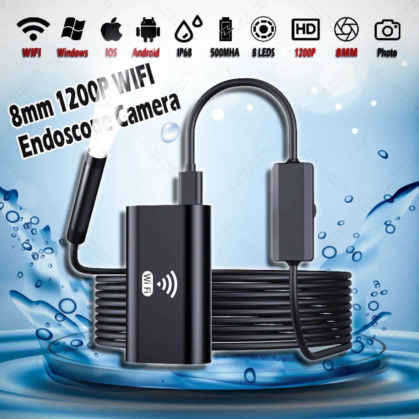Endoscope 8mm 1200P WiFi IP68 Audio/Video, iOS/Android, 1-10M - P12 Hub Europe