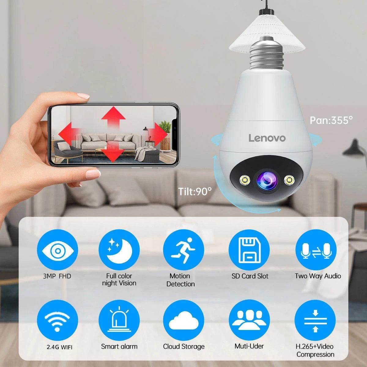 Indoor Bulb Camera Lenovo 3MP WiFi, Color Night, AI Track - P12 Hub Europe