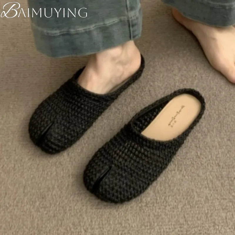 Weave Women Split Toe Sandals Flats Casual Slippers Mules Shoes Woman Summer 2025 Trend Comfort Slides Dress Sandalias De Mujer