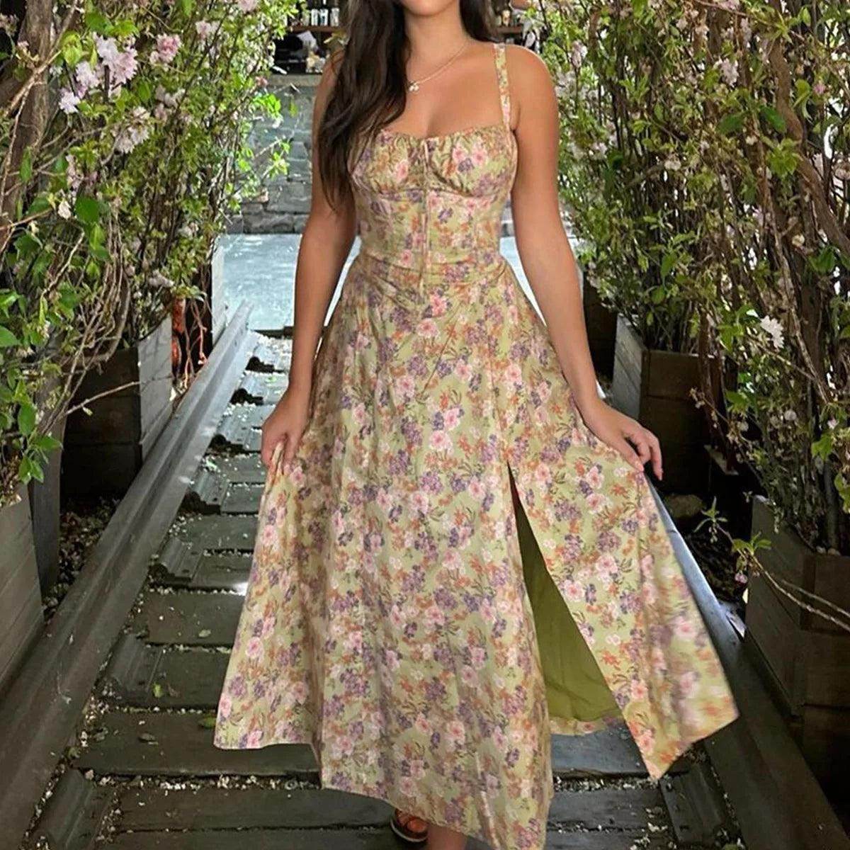 Sweet Floral Print Lace-Up Midi Dress Elegant Holiday - P12 Hub Europe