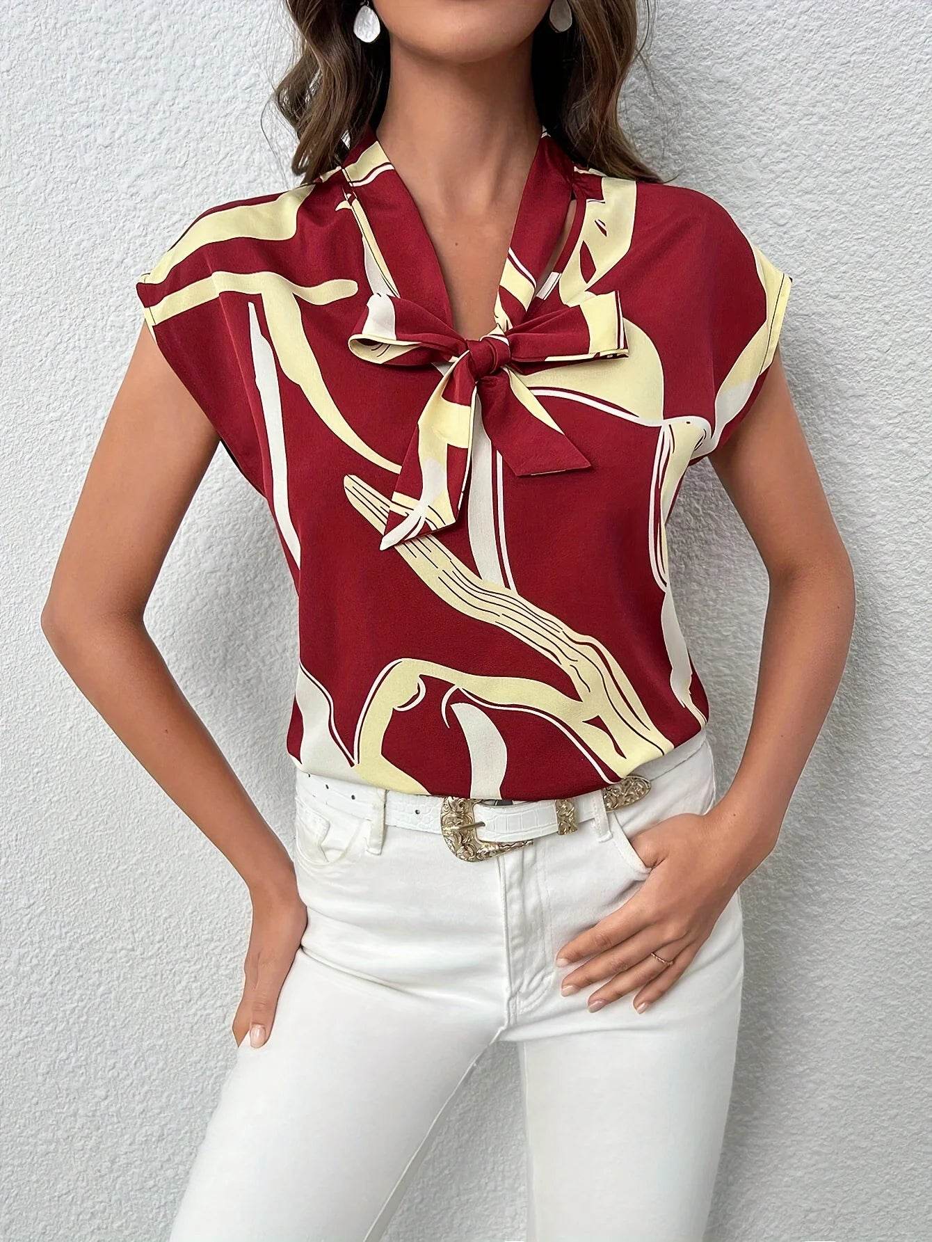 Brush Print Tie Neck Blouse - P12 Hub Europe