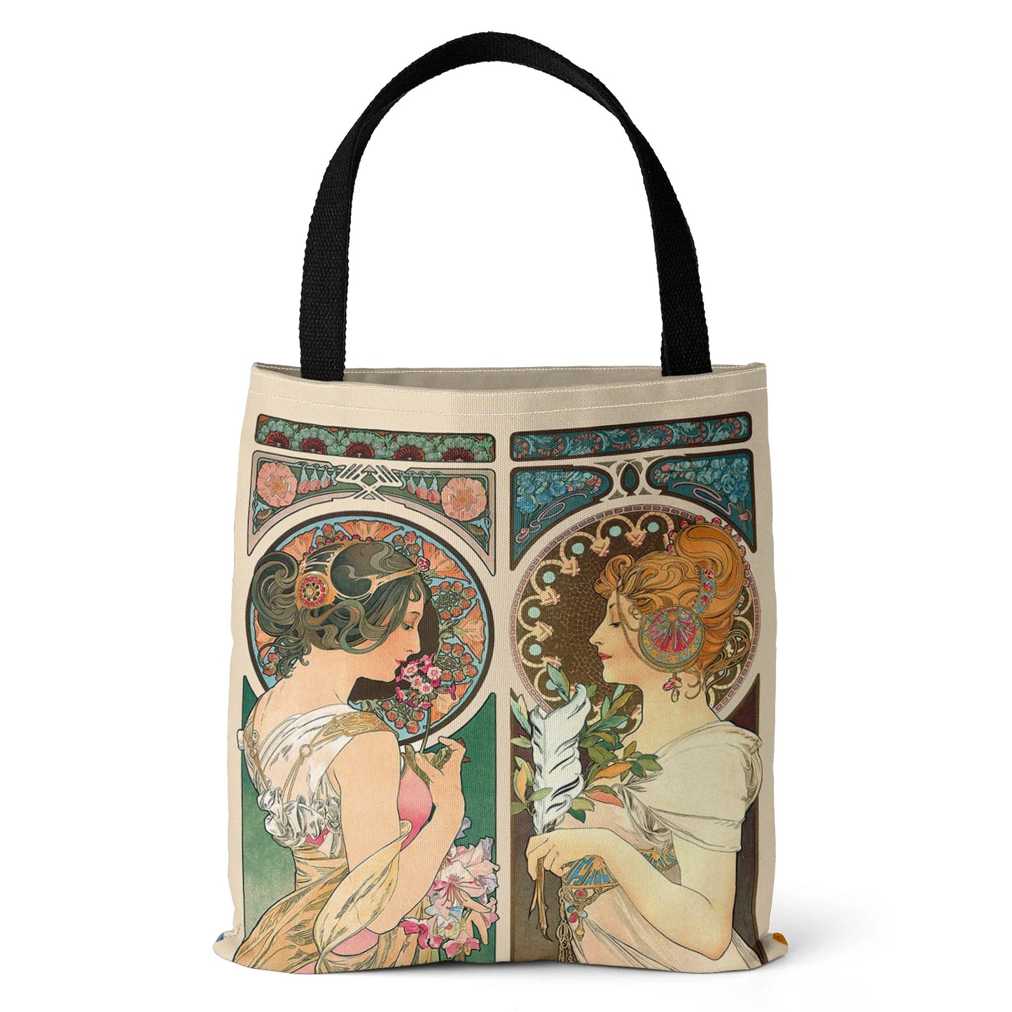 Mucha Series Digital Printed Canvas Bag Open Tote Bag Handbag Retro Canvas Shopping Bag
