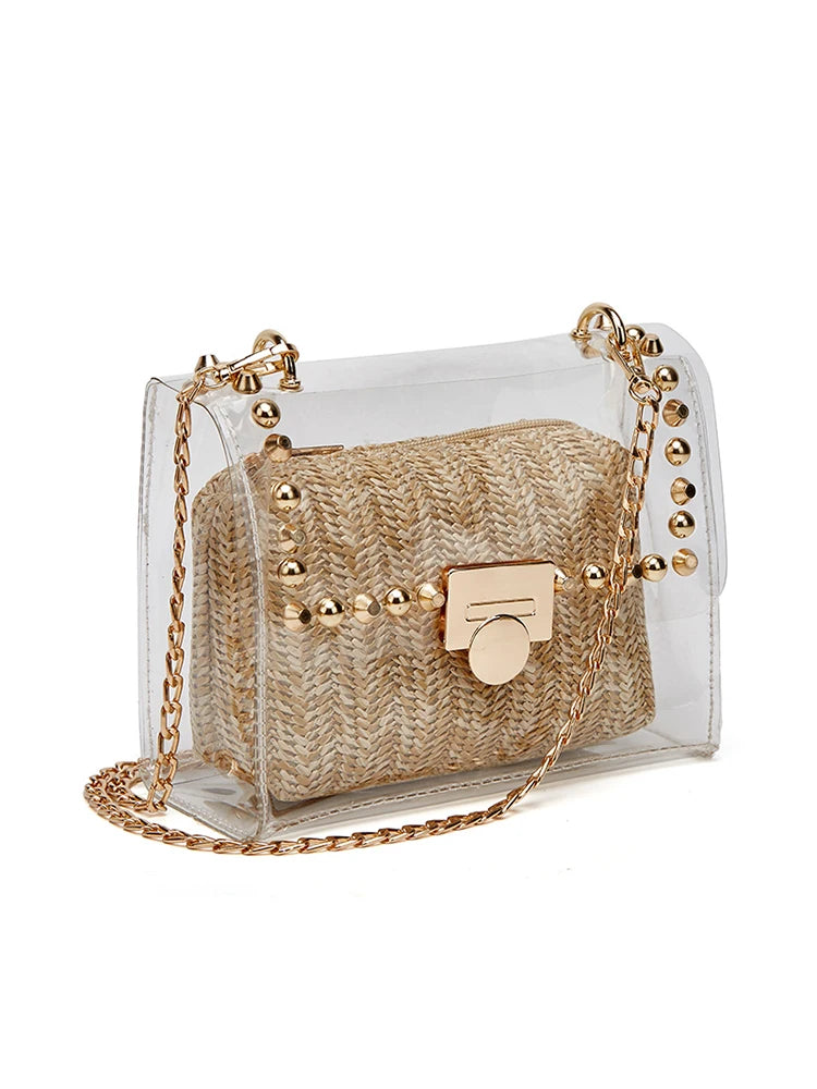 Fashion chain decorative waterproof PVC chain transparent shoulder bag Messenger bag transparent chain bag woven clutch bag