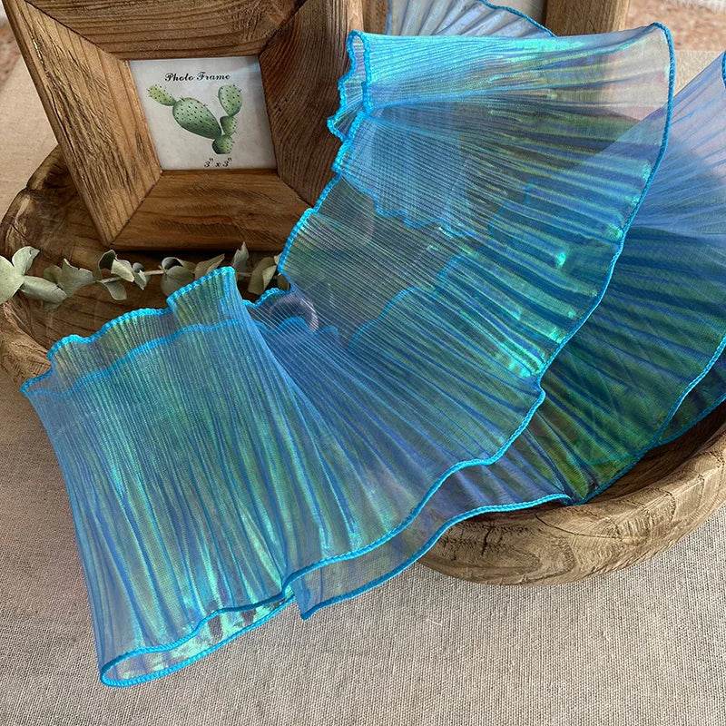1 Yard Blue Lace Fabric Pleated Mermaid Effect Laser Neon Luster For Women Dress 15CM Wide - P12 Hub Europe