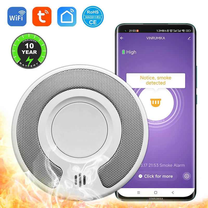 WiFi Tuya Smart Smoke Detector With Built-in 10 Year Lithium Battery For Parlor Room Kitchen Shop Fire Inspection Alarm Sensor