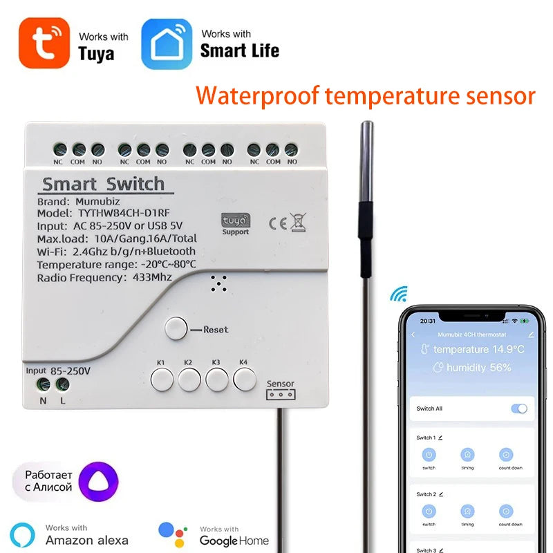 Tuya WiFi 250V 4 Channel Temperature Humidity Smart Switch,Smart Life APP, Passive Dry Contact Module Alexa Alice Compatible