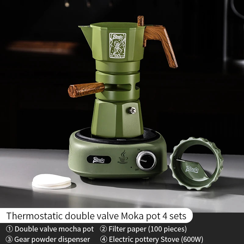 Bincoo Double-valve Moka Pot Set Electric Stove Pot Household Italian Espresso Machine Coffee Mocha Pot Barista Accessories 220V