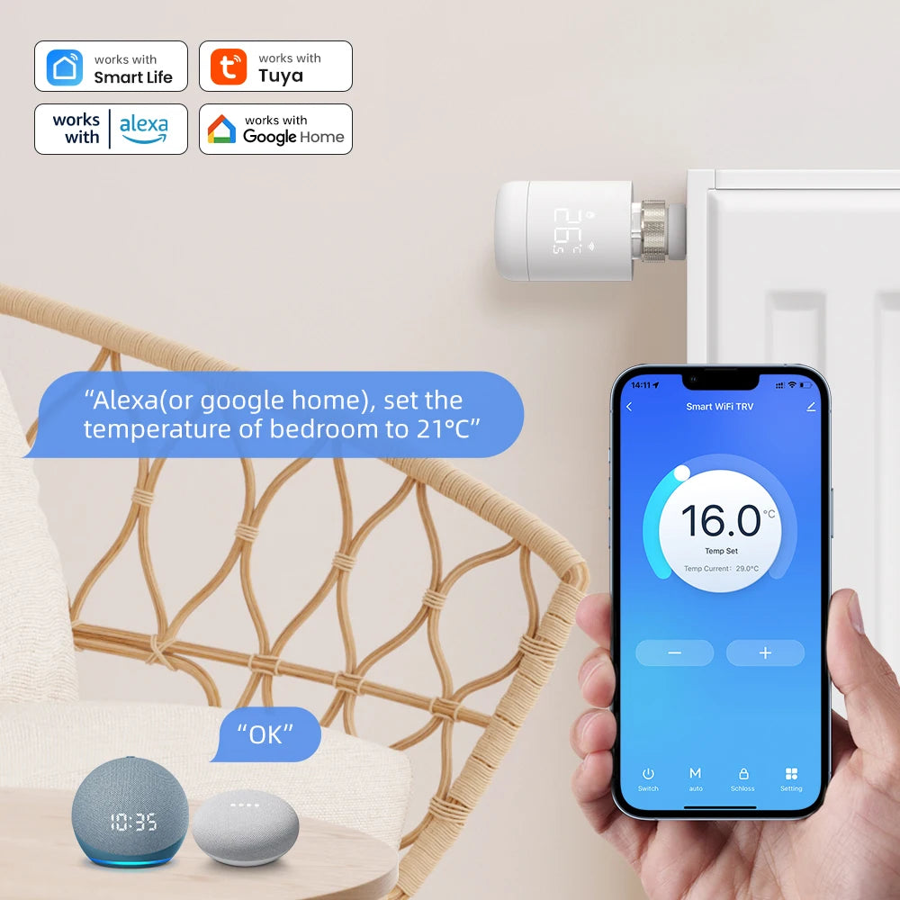 Tuya Wifi Thermostatic Valve Radiator Head TRV Smart Thermostatic Valve Wifi Thermostat Temperature Controller Alexa Google Home