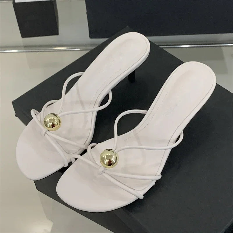 Aneikeh Fashion Low Thin Heels Design Narrow Band Women Slippers Narrow Band Round Head Sandal Mules Slides Shoes Zapatos Mujer