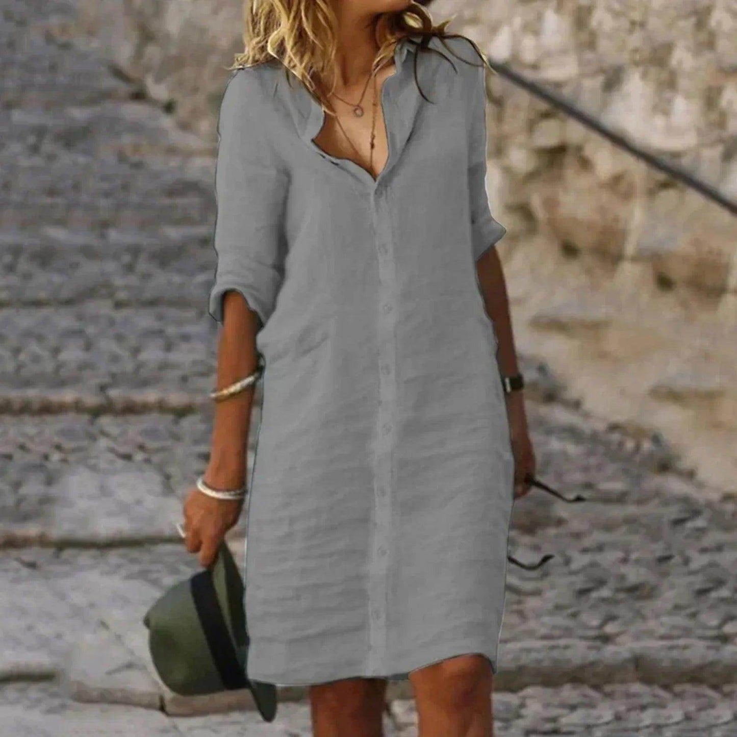 Cotton Linen Button Shirt Dress Casual V-Neck Pockets - P12 Hub Europe