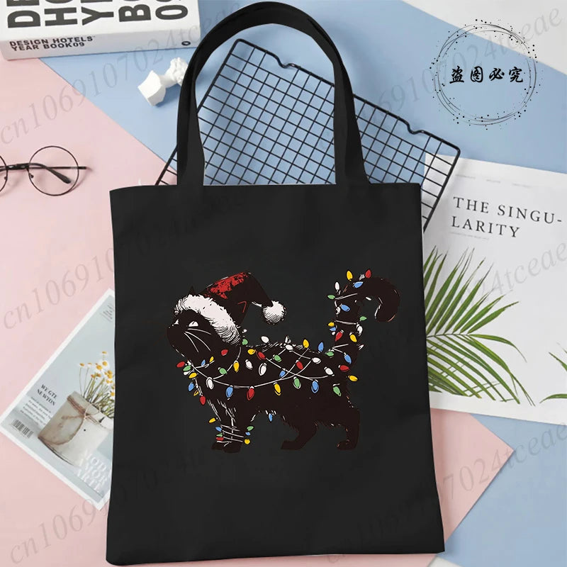 Black Cats Christmas Printed Shopping Bag Cartoon Canvas Tote Bag Eco Bag for Women Black Cats Christmas Reusable Tote Handbags