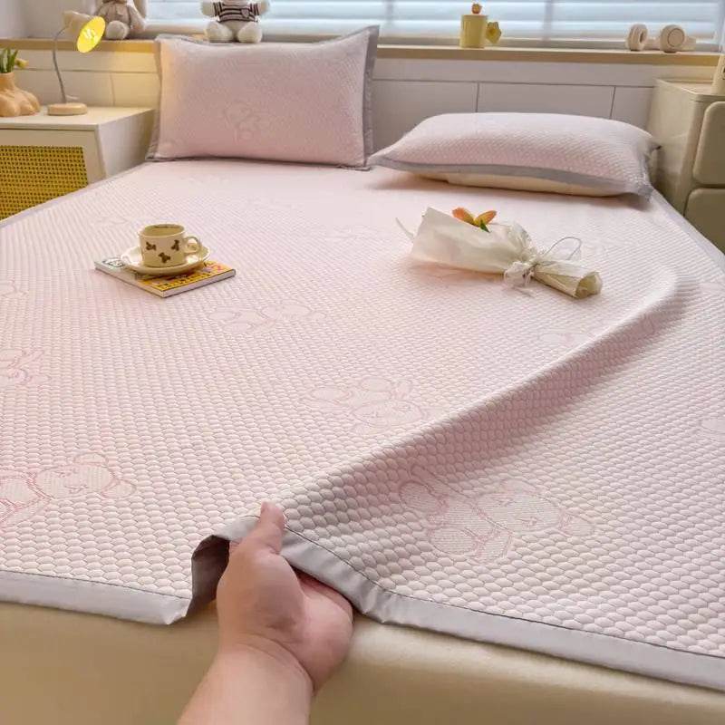 Jacquard Cartoon Bear Cooling Feel Bed Sheet Ice Silk Summer Bedspread Single Queen King Size Elastic Band Fixed Fitted Cover - P12 Hub Europe