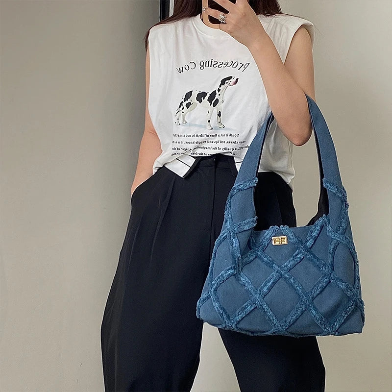 Denim Woven Underarm Bag Women's Niche Design Retro Casual Large - capacity Shoulder Handbag