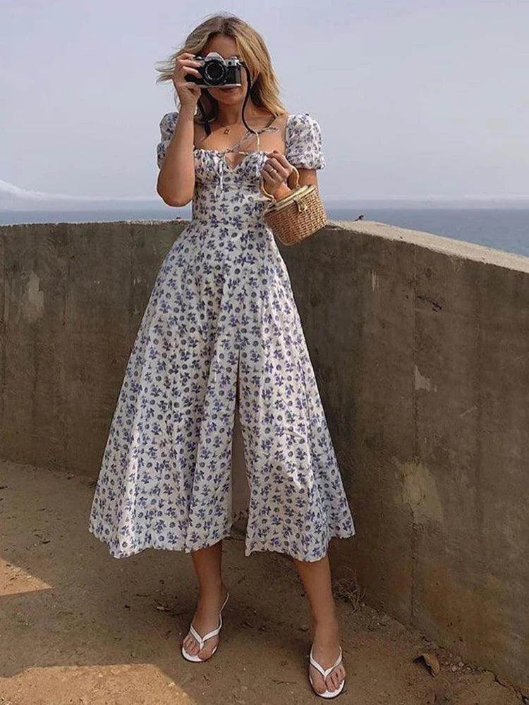 Floral Puff Sleeve Midi Dress Elegant Summer - P12 Hub Europe