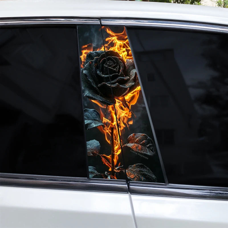 2pcs Flame Rose Car Door Pillar Decal Custom Car B-Pillar Sticker Vinyl Waterproof Flower Sticker Covering Scratched Car Sticker