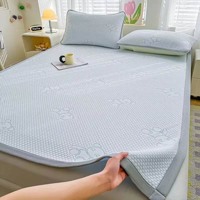 Jacquard Cartoon Bear Cooling Feel Bed Sheet Ice Silk Summer Bedspread Single Queen King Size Elastic Band Fixed Fitted Cover - P12 Hub Europe