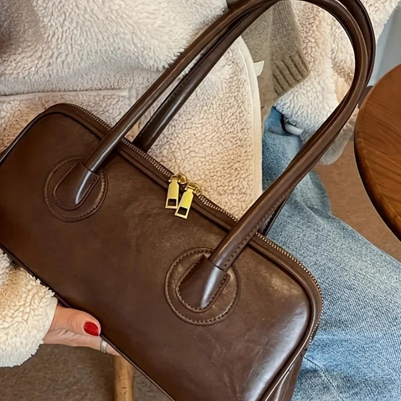 Fashion Portable Baguette Bag Retro High-quality Pu Large-capacity Bowling Underarm Shoulder Bag Niche Design Light Luxury