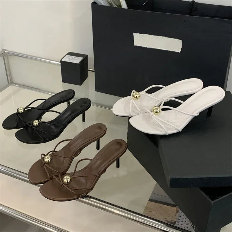 Aneikeh Fashion Low Thin Heels Design Narrow Band Women Slippers Narrow Band Round Head Sandal Mules Slides Shoes Zapatos Mujer