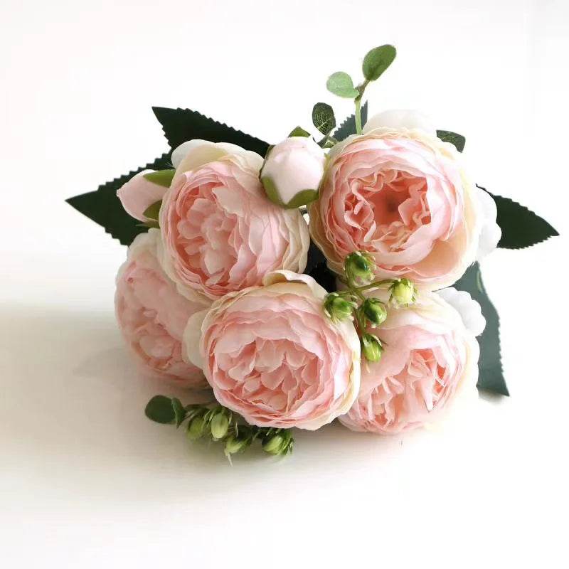 1 Bundle Artificial Roses Flowers Silk Peony Bouquet Home Decoration Accessorie Wedding Party Scrapbook Fake Plants Diy Pompons - P12 Hub Europe