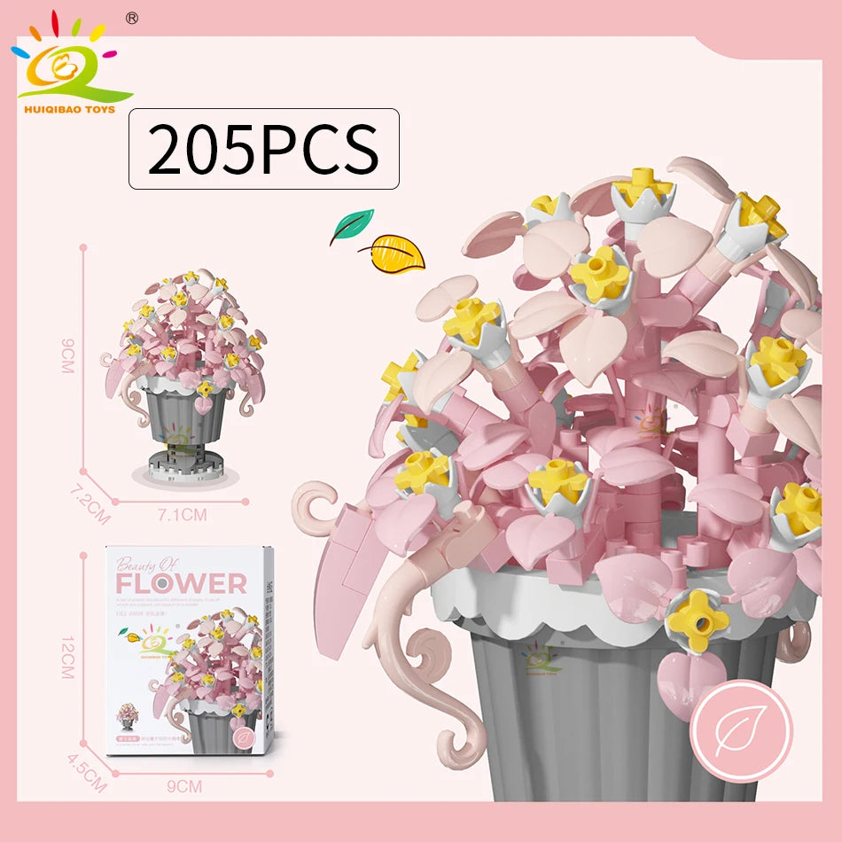 HUIQIBAO MOC Eternal Bouquet Micro Building Blocks Flower Model DIY Home Desk Plant Decoration Assemble Brick Toy For Children