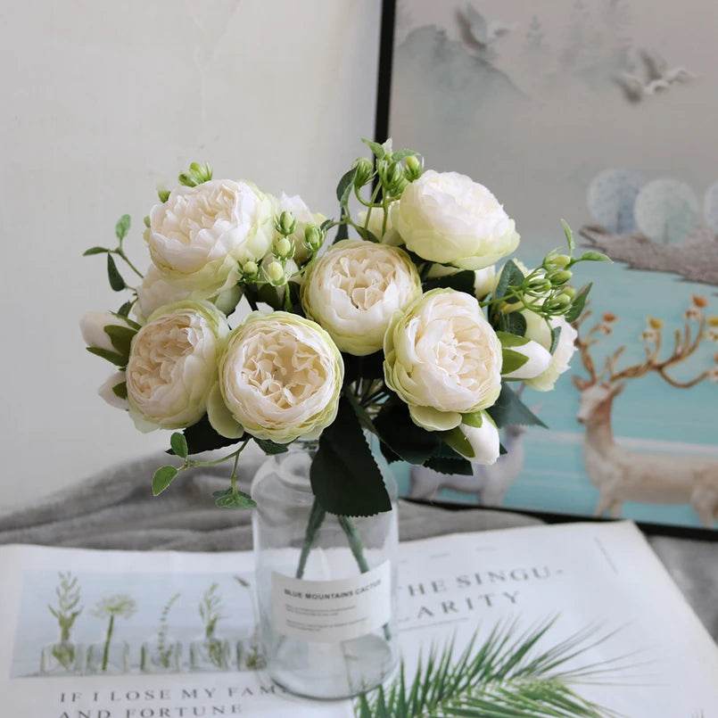 1 Bundle Artificial Roses Flowers Silk Peony Bouquet Home Decoration Accessorie Wedding Party Scrapbook Fake Plants Diy Pompons - P12 Hub Europe