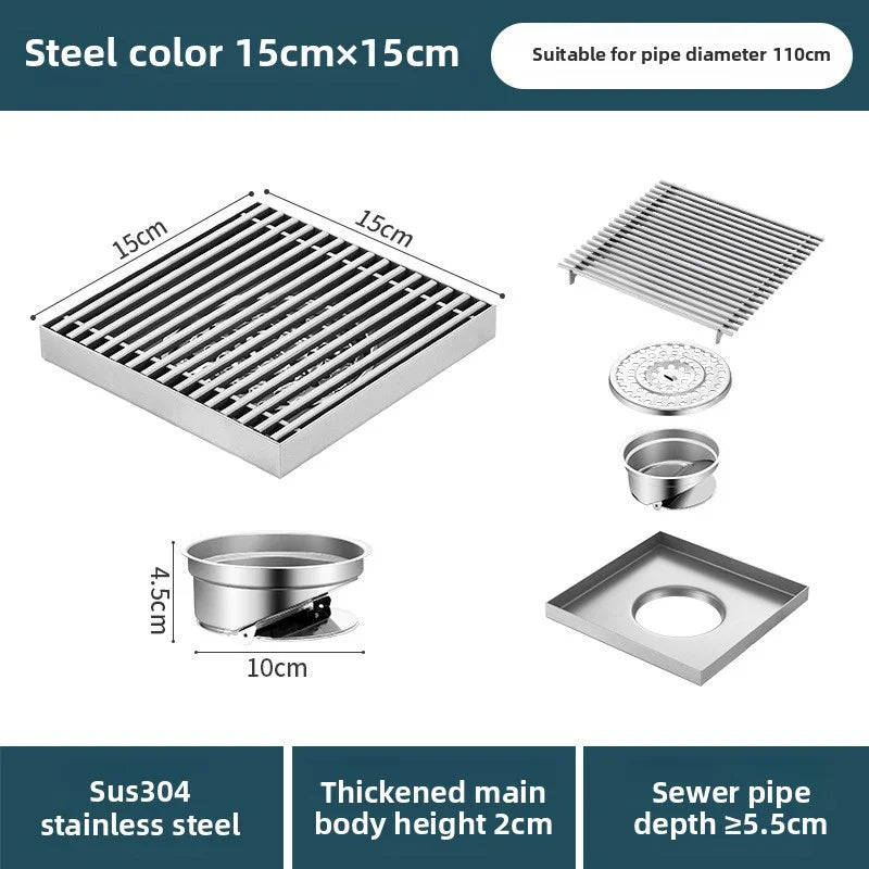 Bathroom large drainage floor drain, outdoor courtyard thickened 304 stainless steel odor proof floor drain