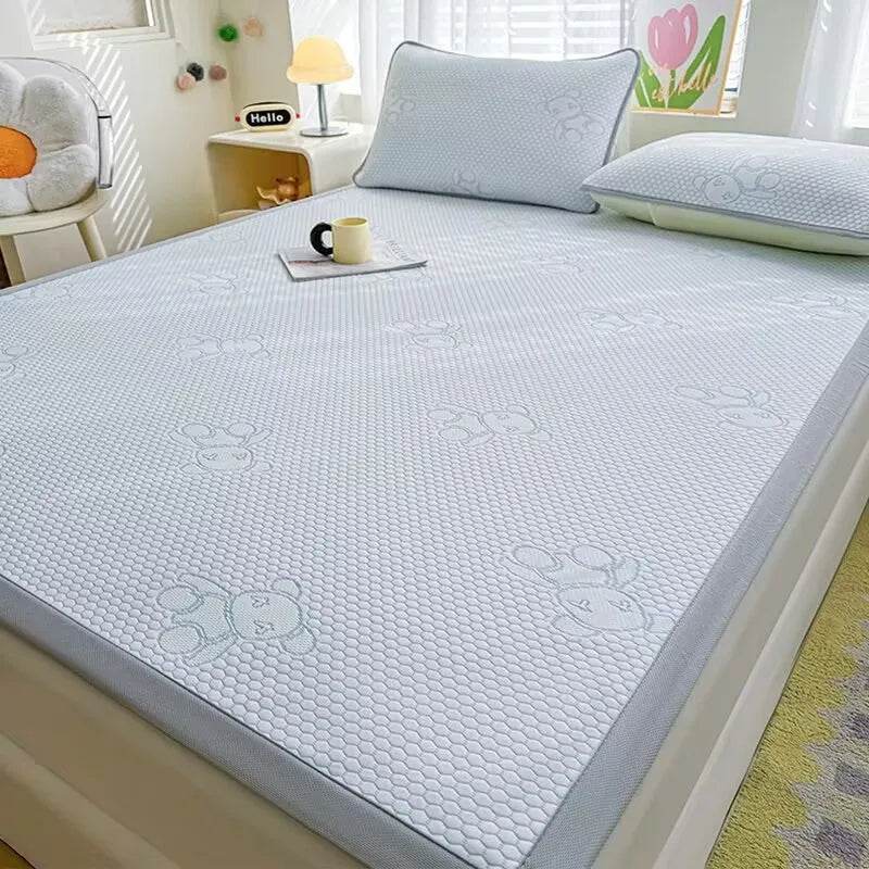 Jacquard Cartoon Bear Cooling Feel Bed Sheet Ice Silk Summer Bedspread Single Queen King Size Elastic Band Fixed Fitted Cover - P12 Hub Europe