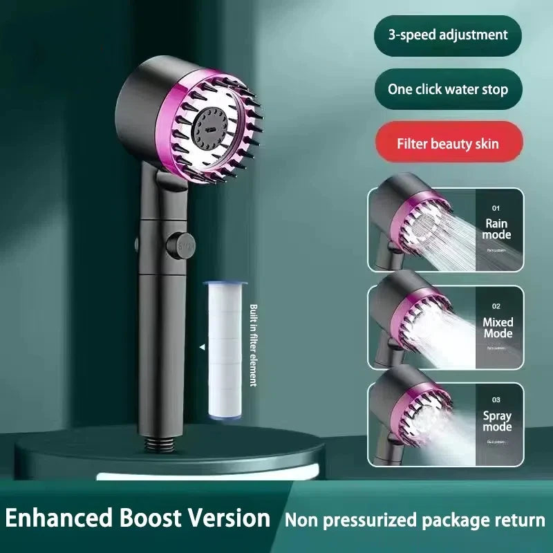 High Pressurized Filter Shower Head 3-mode Adjustable Spray With Massage Brush Rain Faucet Shower Set Bathroom Accessory