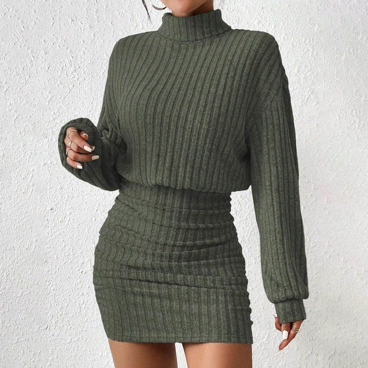 Knit Pullover Mini Dress Long Lantern Sleeve High Neck - P12 Hub Europe