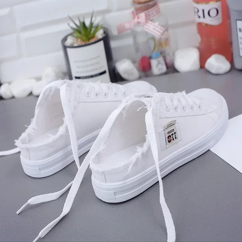 2024 New Spring Summer Women Canvas Shoes flat sneakers women casual shoes low upper lace up white shoes