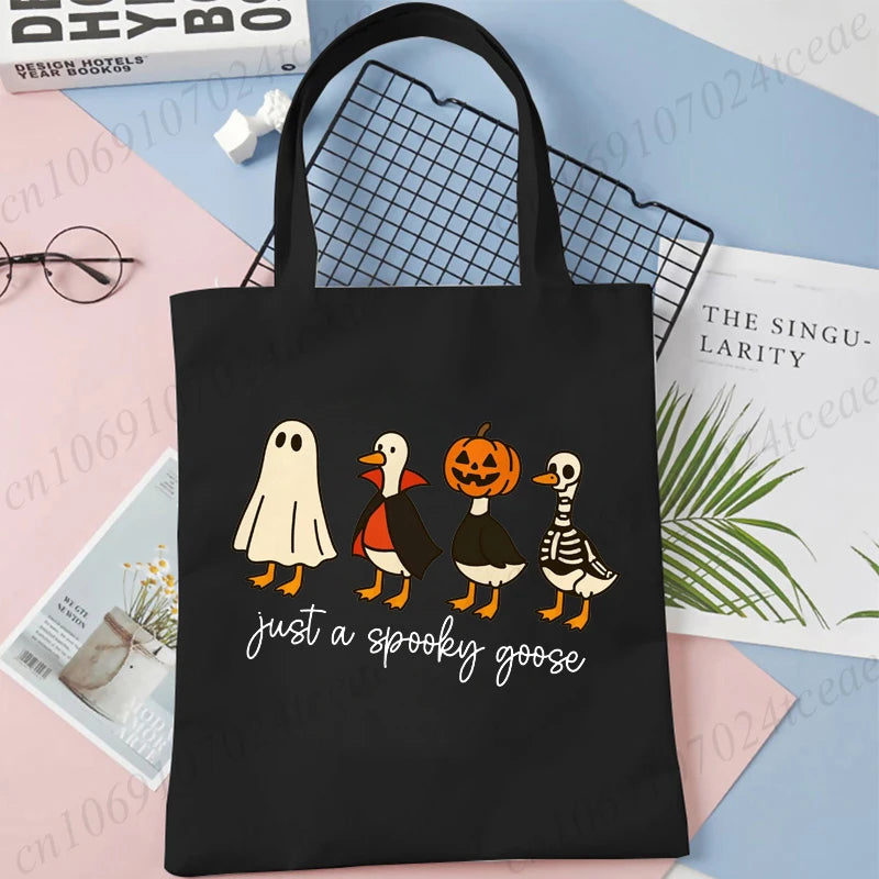 Funny Halloween Goose Wome's Tote Bags Reusable Handbag Shopping Totes Just A Spooky Goose Casual Fashion Shoulder Shopping Bag