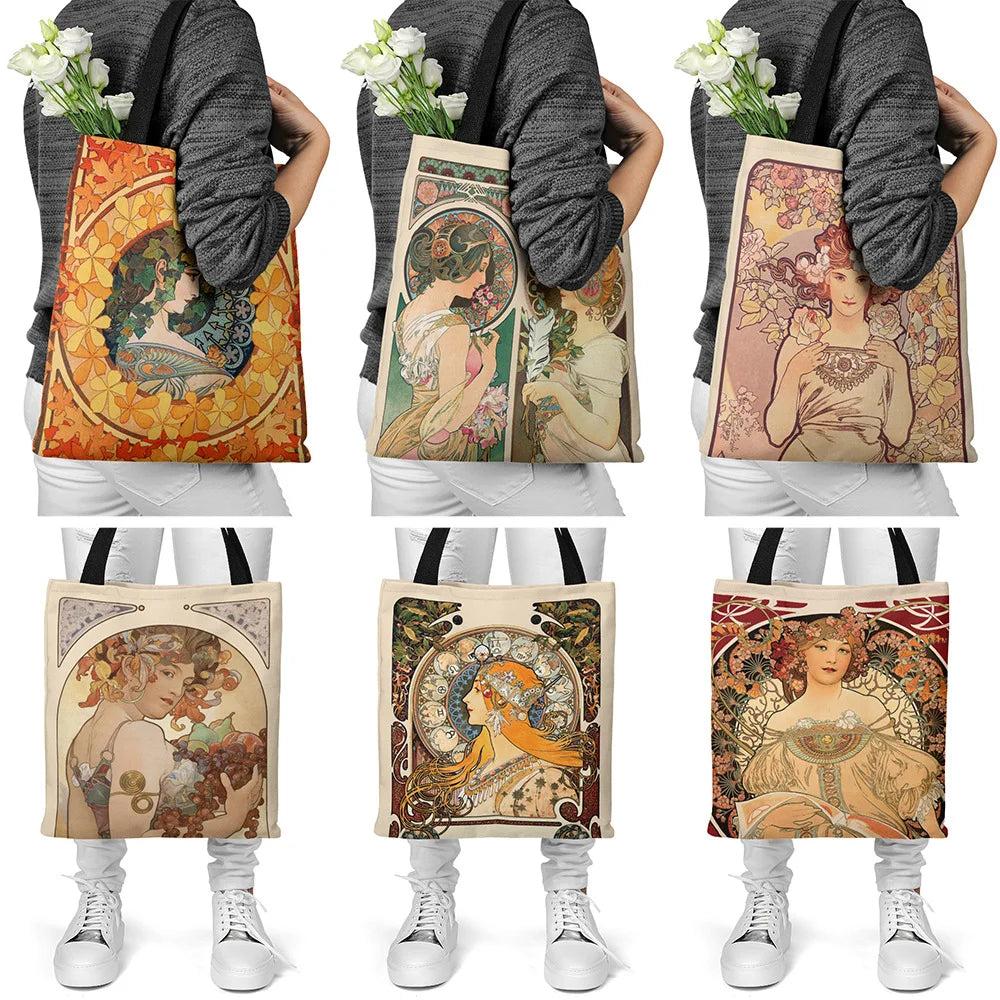 Mucha Series Digital Printed Canvas Bag Open Tote Bag Handbag Retro Canvas Shopping Bag