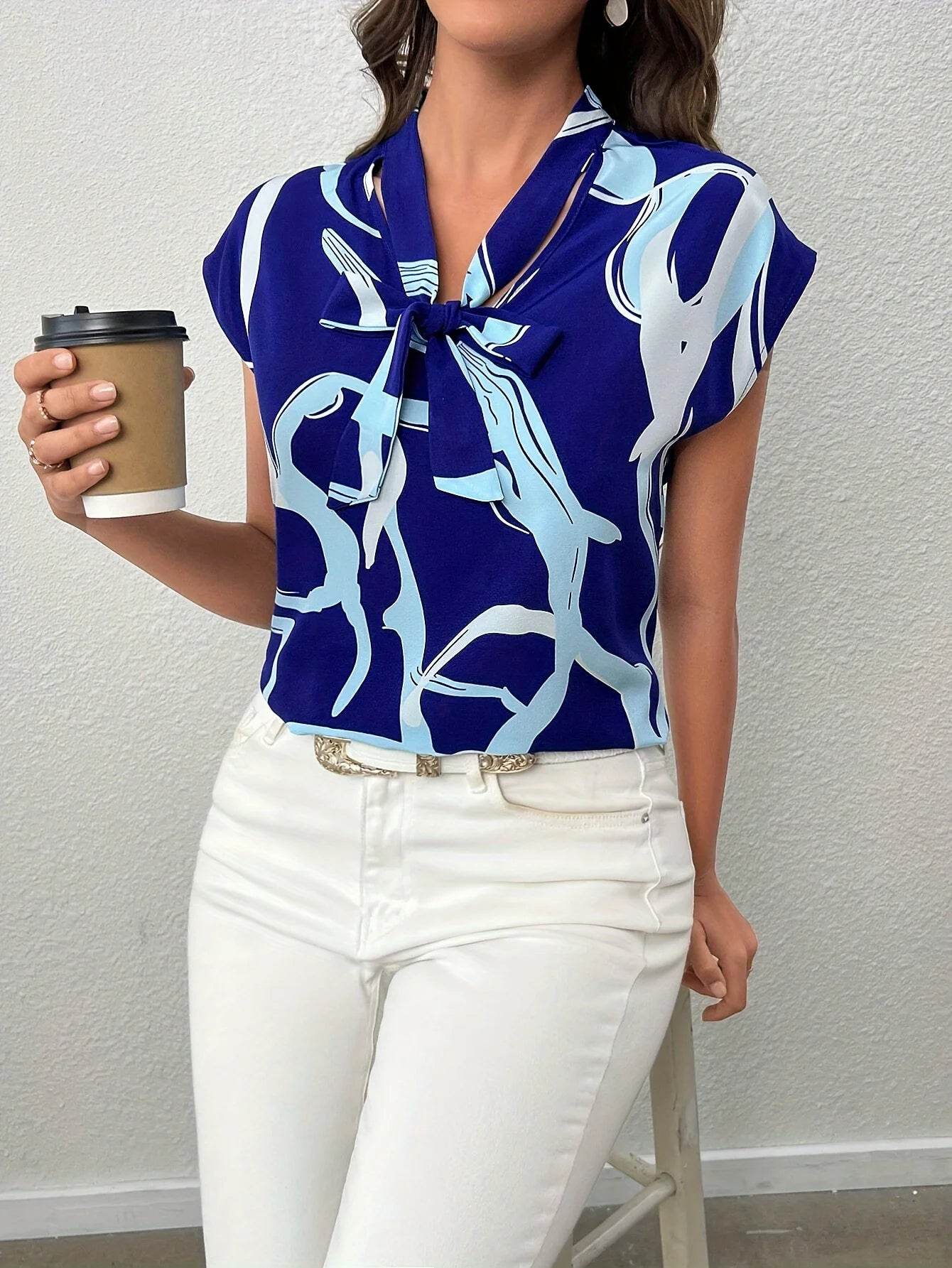 Brush Print Tie Neck Blouse - P12 Hub Europe