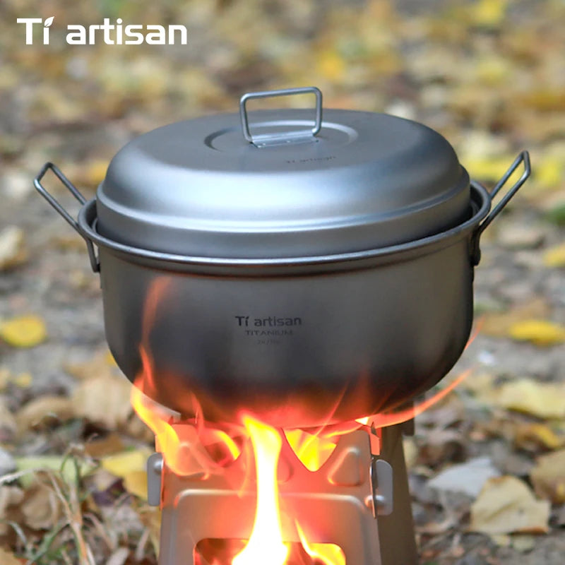 Tiartisan 2.1L/ 2.8L Titanium Camping Soup Pot Set Outdoor Lightweight Steamer with Steam Compartment Multi Functional Cookware
