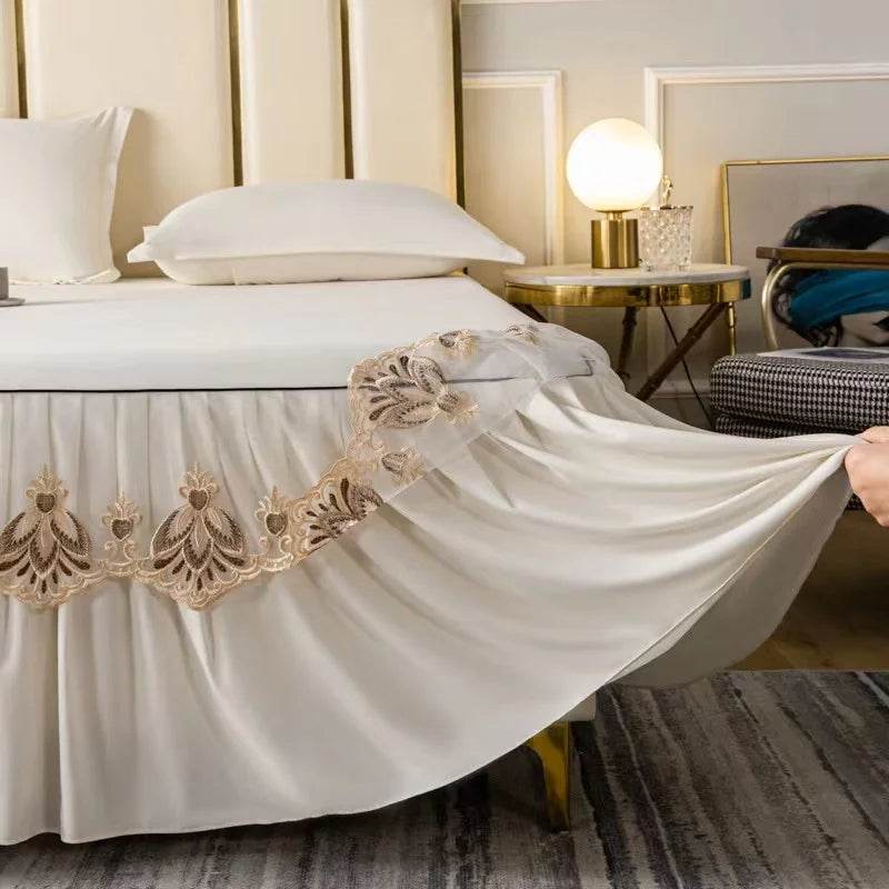 3pcs Set Raw Cotton Soft Bedspread Bed Romance Dust Protector Cover Embroidery Lace Edge Bed Skirt with 2pcs Pillowcase - P12 Hub Europe